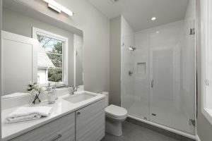 Meridian Homes - Custom Home Modern Bathroom - Grey and white tile