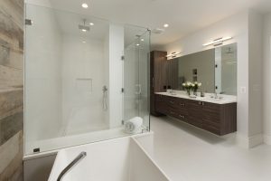 Meridian Homes - Custom Home Modern Master Bathroom - Floating Cabinetry